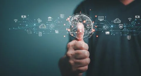 Digital transaction technology, Businessman using fingerprint identification  Stock Photos