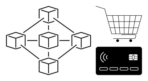 Digital Transactions Network with Blockchain and Shopping Elements Stock Illustration