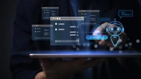 Digital transformation and communication technology concept. AI chat bot co.. Stock Photos