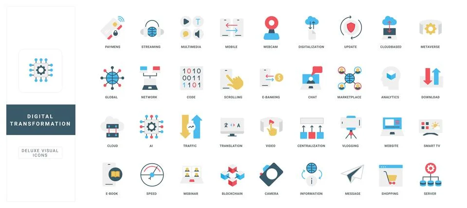 Digital transformation of data, global network and software code, AI color icon Stock Illustration