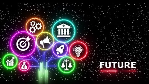 Digital transformation network showing futuristic icons in neon glowing cir.. Stock Footage 335602736
