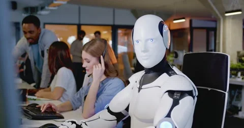 Digital transformation. Robot looking at camera in office. White device turning Stock Footage 179969397