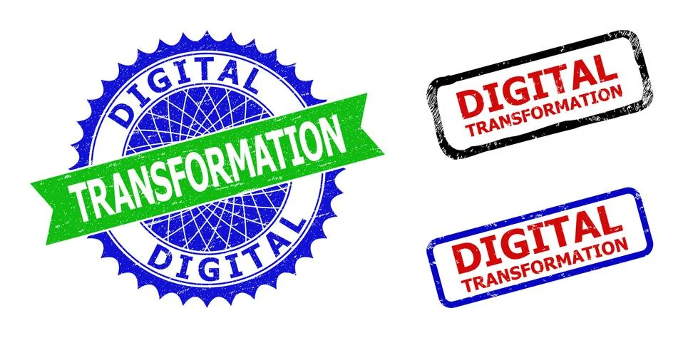 DIGITAL TRANSFORMATION Rosette and Rectangle Bicolor Stamp Seals with Grunge  库存插图