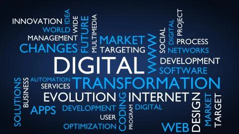Digital transformation word tag cloud. 3D rendering, blue variant. 스톡 일러스트