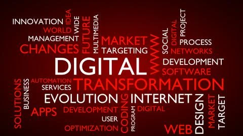 Digital transformation word tag cloud. 3D rendering, red variant. Stock Illustration