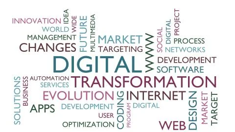 Digital transformation word tag cloud. 3D rendering, white variant. Stock Illustration