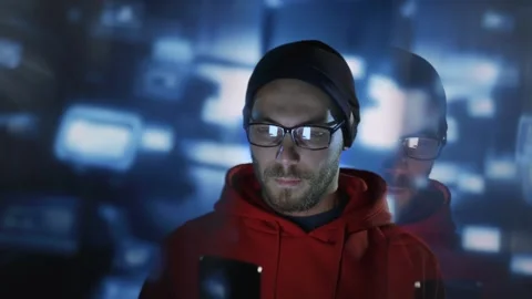 Digital Transition Dark Blue Abstract Technology Background Hologram Red Hoodie Stock Footage 292939682