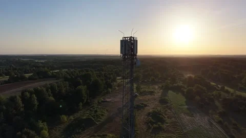 Digital transmission tower for cellular connectivity aerial view Stock Footage 348388593
