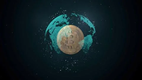 Digital transparent globe with bitcoin coin inside over dark space background. Ilustração Stock