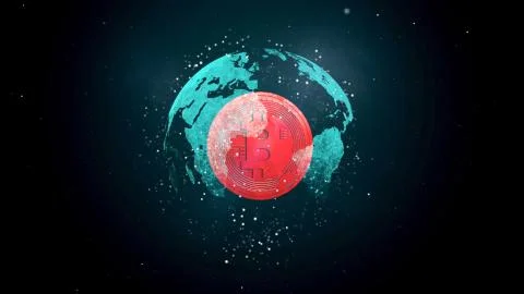 Digital transparent globe with red bitcoin coin inside over dark space Ilustração Stock