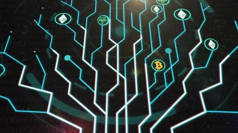 Digital Tree With Bitcoin, Tether, Ethereum Sign. Digital Money Exchange. Stock Footage 194536890