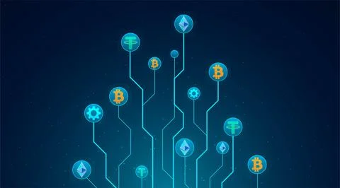 Digital Tree With Bitcoin, Tether, Ethereum Sign . Digital Money Exchange. Stock Illustration
