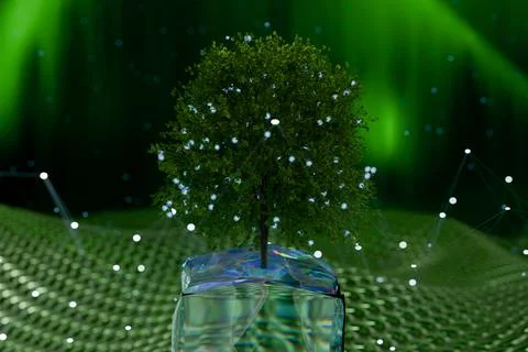 A digital tree surrounded by glowing particles Illustrazione stock