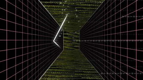 Digital tunnel with green binary code and grid lines, animation of data flow Stock Footage 312510217