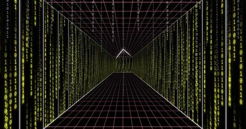 Digital tunnel with green binary code and grid lines, image of data flow Stock Illustration