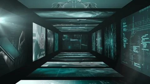 Digital tunnel is unfolding in 3D render tech corridor, streaming code, Stock Illustration