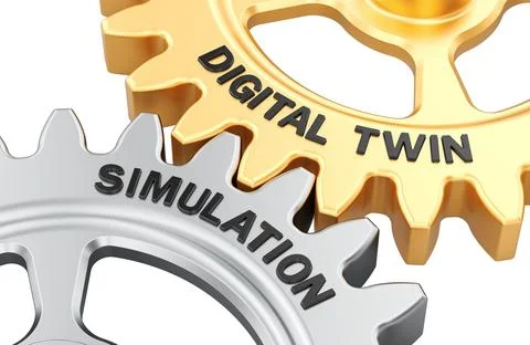Digital twin and Simulation concept with gears. 3d rendering Stock Illustration