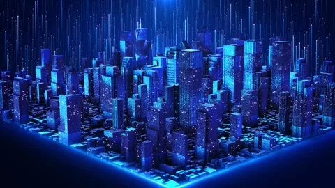 Digital Twin Future City with Blue Data Signals and Virtual Buildings Stock Footage 342611542