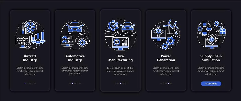 Digital twin implementation night mode onboarding mobile app screen Illustrazione stock