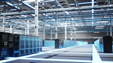 Digital twin scan, server racks and virtualization in data center Stock Footage 328334768