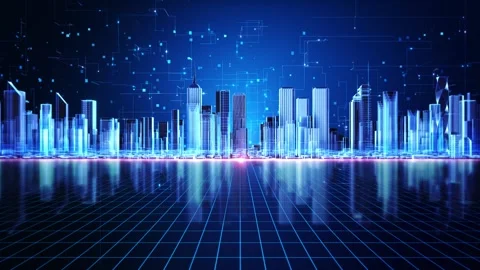 Digital Twin Skyline with Smart Infrastructure and Data Grid Stock Footage 342612164