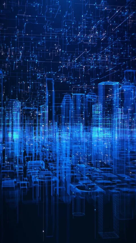 Digital Twin Smart City with Blue Virtual Building Network Stock Footage 342611357