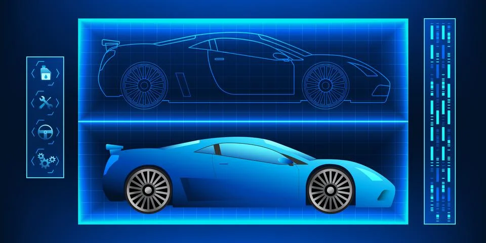 Digital Twin of a supercar represents the development of vehicle innovation.. Stockillustratie