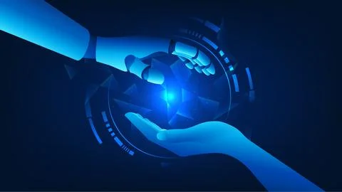 Digital twin technology background a robotic arm mirrored with a human hand.. Stock Illustration