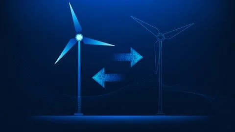 Digital twin technology background wind turbines with virtual simulation la.. Stock Illustration