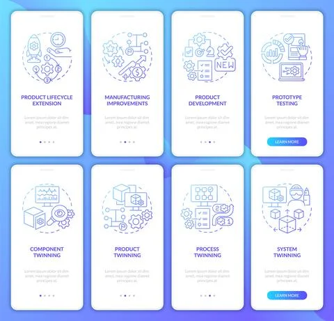 Digital twin technology blue gradient onboarding mobile app screen set イラスト素材