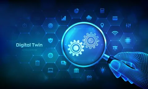 Digital twin technology concept with magnifier in wireframe hand and icons... Illustrazione stock