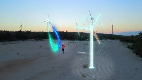 Digital Twin Technology for Wind Turbine Inspection with Engineer Monitoring Stock Footage 342476717