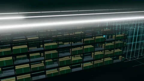 Digital Twin Wireframe Replacing A Half Empty Warehouse Rack Run From The Stock Footage 344640355