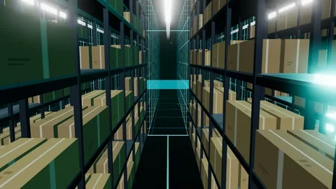 Digital Twin Wireframe Replacing A High Bay Storage Hall From The Centre Lane Vídeos de archivo 344640460