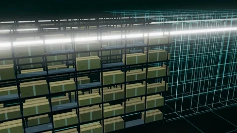 Digital Twin Wireframe Replacing A High Bay Storage Hall From The Corner Of The Stockbeeldmateriaal 344640551