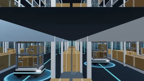 Digital Twin Wireframe Replacing A Rack Field Worked By Mobile Robots At Floor Stock Footage 344638487