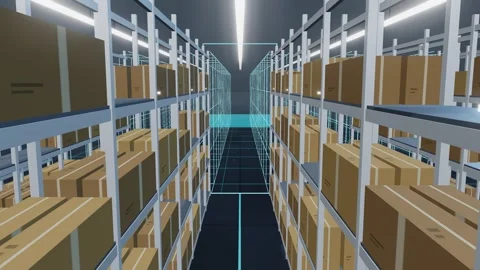 Digital Twin Wireframe Replacing The Racking Down A Warehouse Hall Stock-Footage 344562224