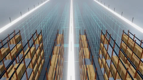 Digital Twin Wireframe Replacing The Racking Down A Warehouse Aisle Above The Stock Footage 344640902