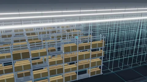 Digital Twin Wireframe Replacing The Racking Down A Warehouse Aisle From The Stock Footage 344640992