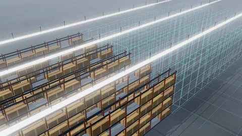 Digital Twin Wireframe Replacing The Racking Down A Warehouse Aisle From A High Stockbeeldmateriaal 344641141