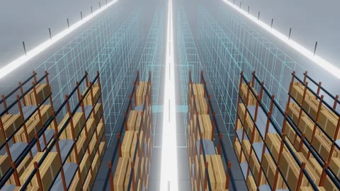 Digital Twin Wireframe Replacing A Warehouse Aisle Beside A Conveyor Spine Vídeos de archivo 344638530