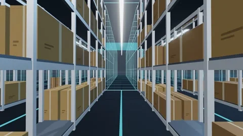 Digital Twin Wireframe Replacing A Wide Warehouse Rack Field At Floor Level Stock Footage 344640718