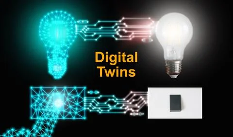 Digital twins concept. A digital light bulb and its counterpart are control.. 库存照片