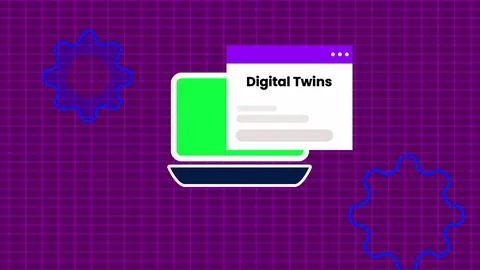 Digital twins text isolated digital technology notification message page on.. Stock-Illustration