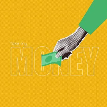 Digital typography halftone collage banner. Big word MONEY with Hand giving and Stock Illustration
