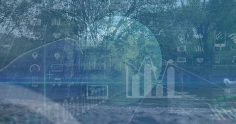 Digital UI fading in, animating globe then receding revealing man diving for Stock Footage 318115756