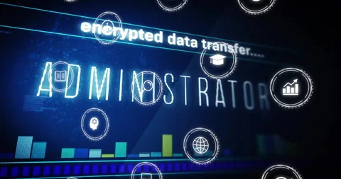 Digital UI loading icons fading and orbiting admin text with scrolling encrypted Stock Footage 310637669
