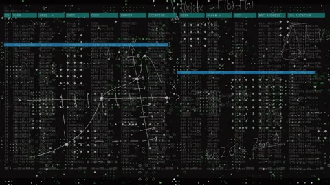 Digital UI showing hidden columns, teal and blue highlights, floating green Stock Footage 309111328