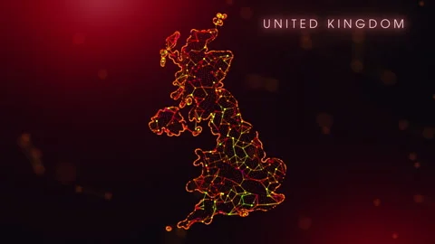Digital United Kingdom Map Motion Reveal With Abstract Red And Orange Plexu.. Stock Footage 329459581