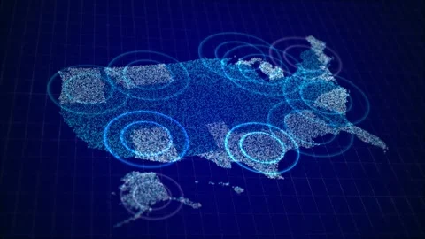 Digital United States Location Map with Coverage Zones and Data Points Stock Footage 342614436